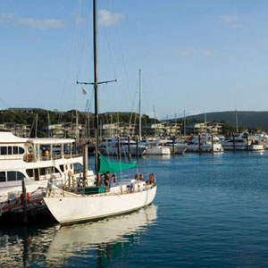 An array of yachts and motor cruisers berthed at the jetties of Hamilton Island marina