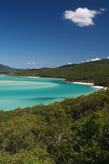 View across aqua waters surrounded by lush hills of Turtle Bay, Whitsunday Island